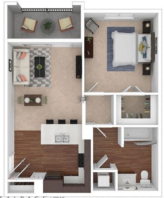 Floor plan for 1 bed, 1 bath, 688 sqft
